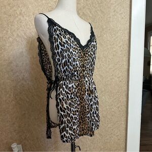 VTG 80s 90s Leopard Cheetah Animal Print Sheer Tie Side Lingerie Slip Dress